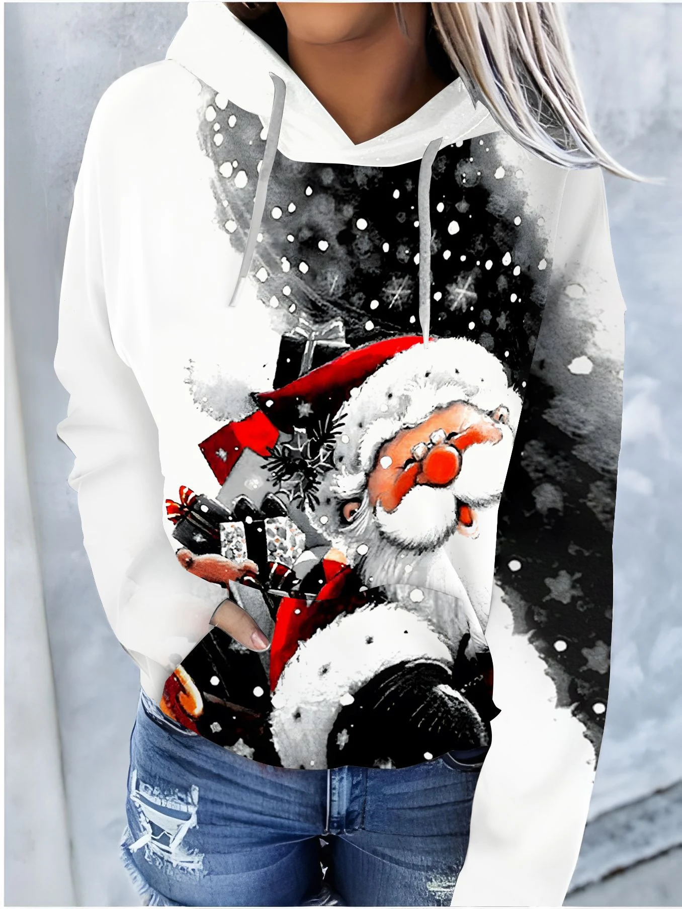 Felpa con cappuccio e coulisse con stampa a fantasia natalizia colorata, comoda e perfetta per celebrare le feste con stile e calore. — foto 9