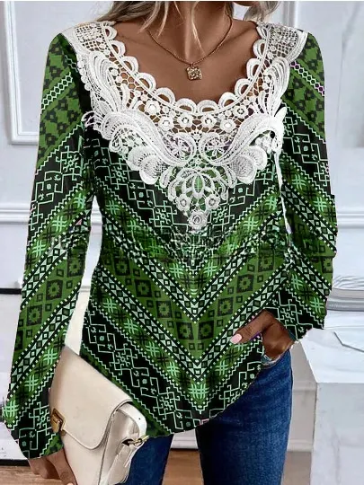Title 3, Round neck lace long sleeved elegant casual T-s...