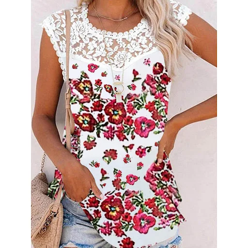 Title 11, Summer Print Crew Neck Lace Trim Casual Loose W...