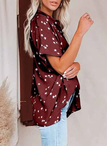 Title 9, Star Print V-neck Buttoned Bat Short-sleeve Shirt