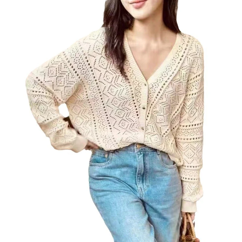 French Bohemian Style Hollow-out Thin Knitted Cardigan for Women, Breathable V-neck Long Sleeve. Perfect for layering an — photo 5