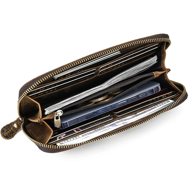 Men's Crazy Horse Leather Retro Embossing Fashion Long Wallet offers stylish storage and durable design, perfect for car — photo 3