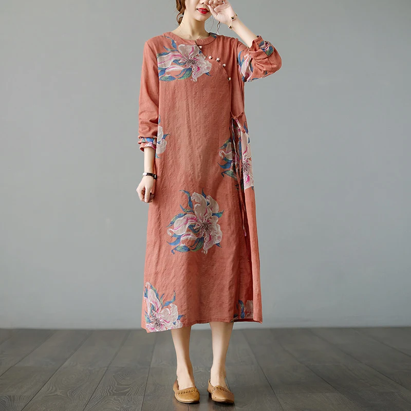 Title 3, Vestido longo Cheongsam de gola estampada, solt...