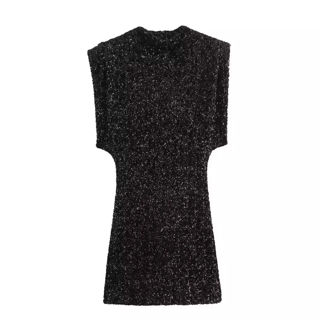 Y2g Sleeveless Black Dress with Padded Shoulders, Bead Embellishment, Mini. Elevate your style with this elegant and chi — photo 1