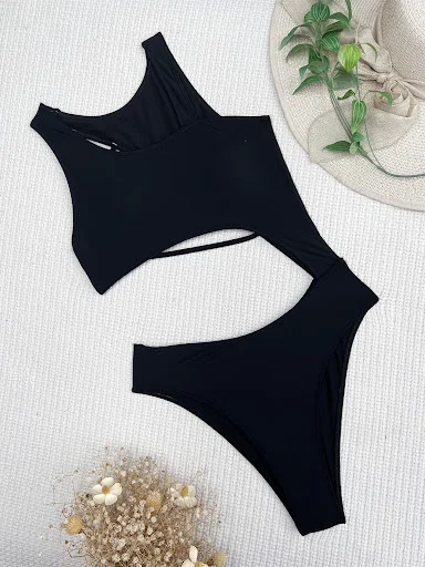 Title 7, One-piece Swimsuit Womens Hollow Swimwear Soli...