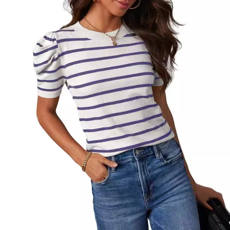 Dames gestreepte gebreide top met korte pofmouw Casual en comfortabel T-shirt Perfect voor dagelijks gebruik. Trendy damesmode voor zomerse outfits — foto 8