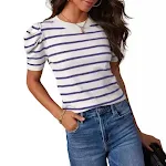 Dames gestreepte gebreide top met korte pofmouw Casual en comfortabel T-shirt Perfect voor dagelijks gebruik. Trendy damesmode voor zomerse outfits — foto 8
