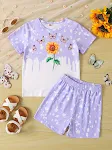 Conjunto de top de manga curta e shorts com estampa de girassol e borboleta para meninas, perfeito para o verão, leve e confortável. — foto 20