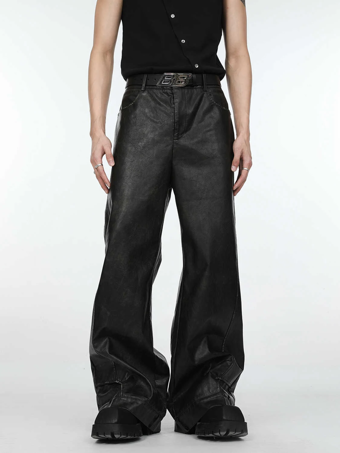 Title 4, Black Leather Pants Mens Loose Straight Casual...