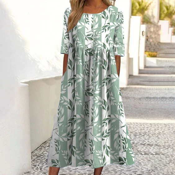 Vestido feminino casual com gola redonda e bolso manga curta estampado — foto 7