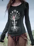 Camiseta feminina com decote em V, estampa e mangas compridas soltas, perfeita para um visual casual, confortável e estiloso. — foto 10