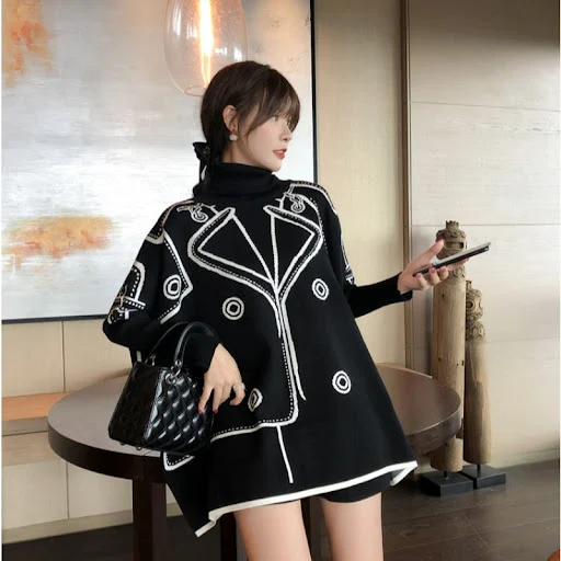 Title 5, High Neck Pullover Mid-length Loose Bat Shirt