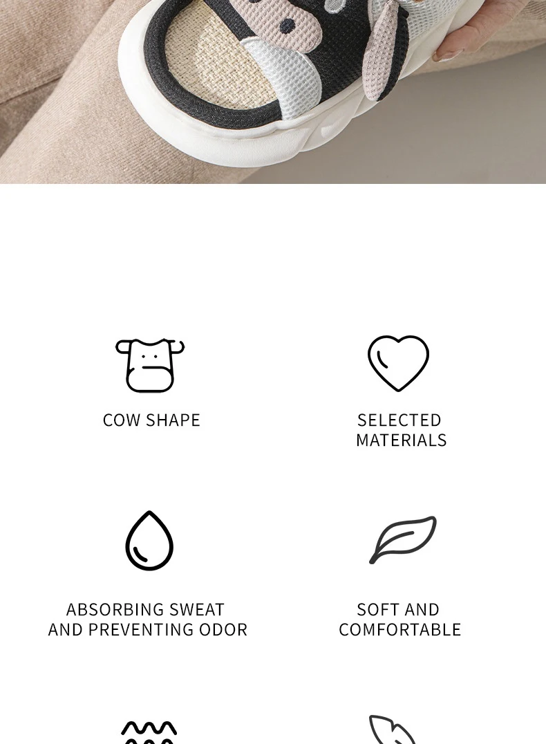 Title 13, Cute Cow Linen Platform Slippers, Non-slip, Deo...