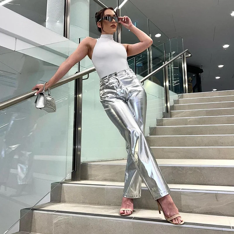 Pantalones Casuales de Mujer Holgados con Bolsillos, Cremallera y PU Brillante, Moda Otoño Invierno, Ajuste Relajado y Estilo Moderno. — foto 5