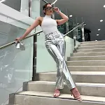 Pantalones Casuales de Mujer Holgados con Bolsillos, Cremallera y PU Brillante, Moda Otoño Invierno, Ajuste Relajado y Estilo Moderno. — foto 5