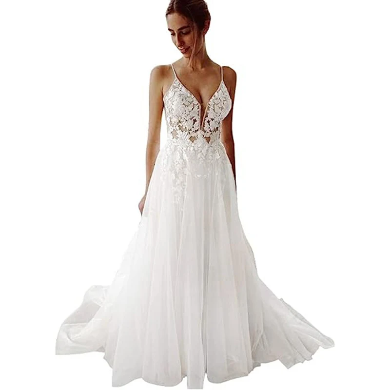Title 3, Vestido de noiva feminino com renda, alças e co...