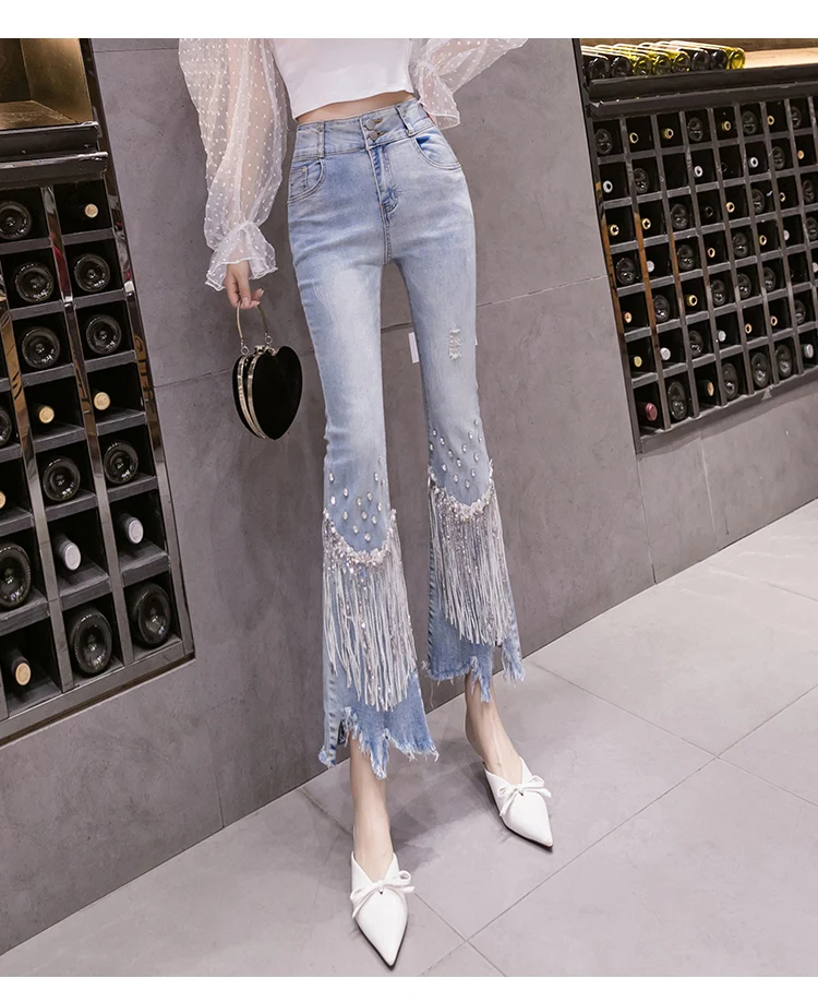 Nuovi Pantaloni Ulzzang Vita Alta Slim con Nappe e Perline Nove Punti Micro Flare, un look trendy e alla moda per te. — foto 4