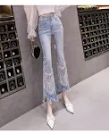 Nuovi Pantaloni Ulzzang Vita Alta Slim con Nappe e Perline Nove Punti Micro Flare, un look trendy e alla moda per te. — foto 4