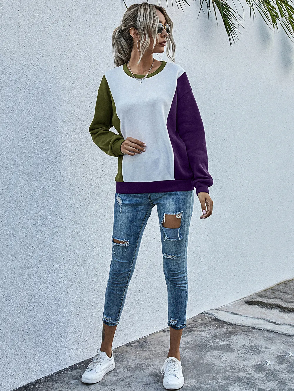 Title 19, Suéter Pullover com Costura Contrastante, Solto...