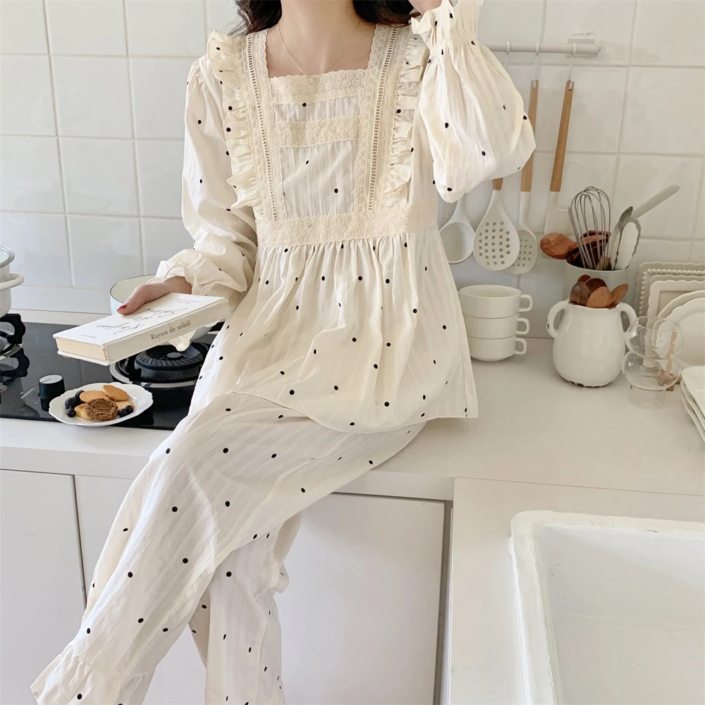 Süßes Polka Dot Spitze Baumwolle Langarm Pyjama Set für Damen. Bequem und stilvoll schlafen in diesem bezaubernden Pyjama. — foto 13