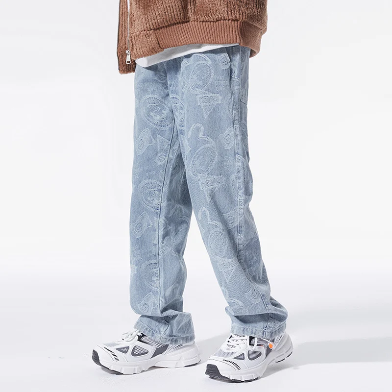Heren American High Street Hip Hop jacquard denim enkelband broek, trendy en comfortabel voor een moderne streetwear look. — foto 6