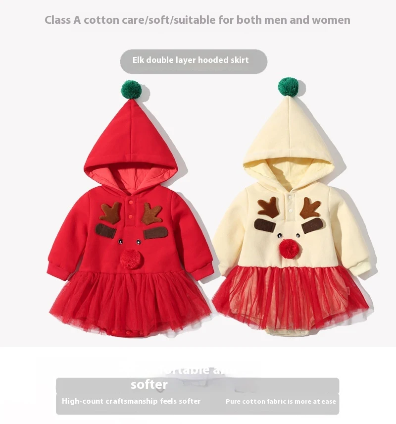 Macacão infantil de Natal de outono e inverno com capuz, bloomer e saia, ideal para bebês, quentinho e estiloso, perfeito para as festas! — foto 3