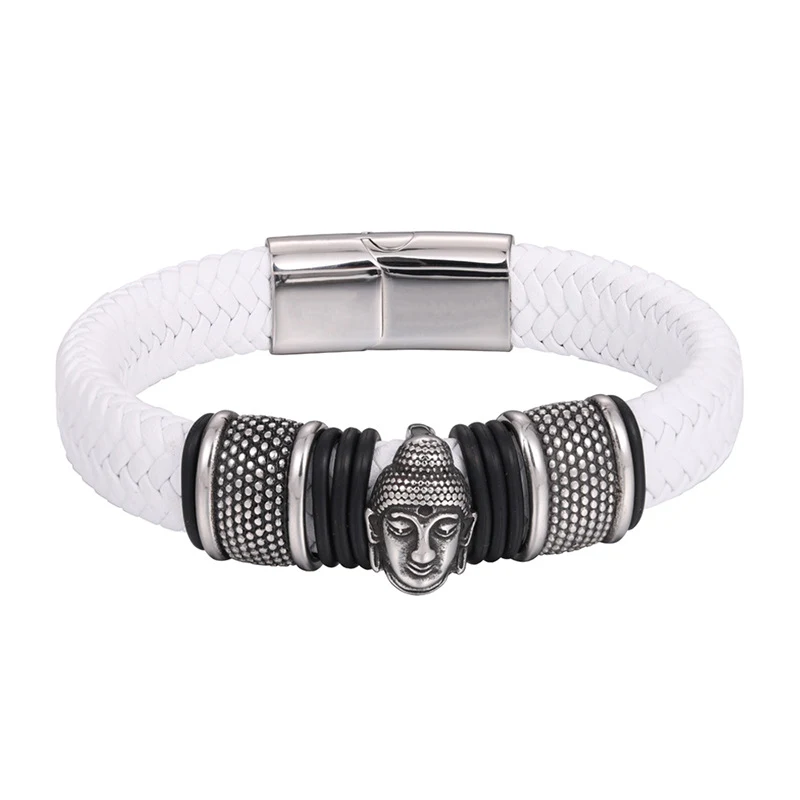 Pulseira de couro Buda Sakyamuni com fecho magnético de aço inoxidável, pulseira preta ou marrom, elegância e espiritualidade. — foto 5