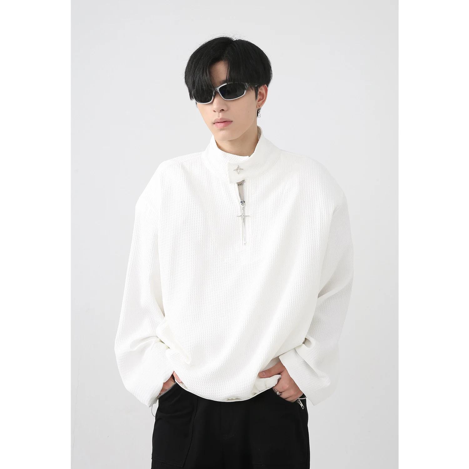Title 5, Zipper Solid Color Stand-up Collar Hoodie for M...