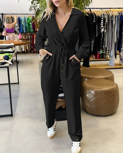 Title 8, New Beige Lapel Low Cut Long Sleeve Jumpsuit