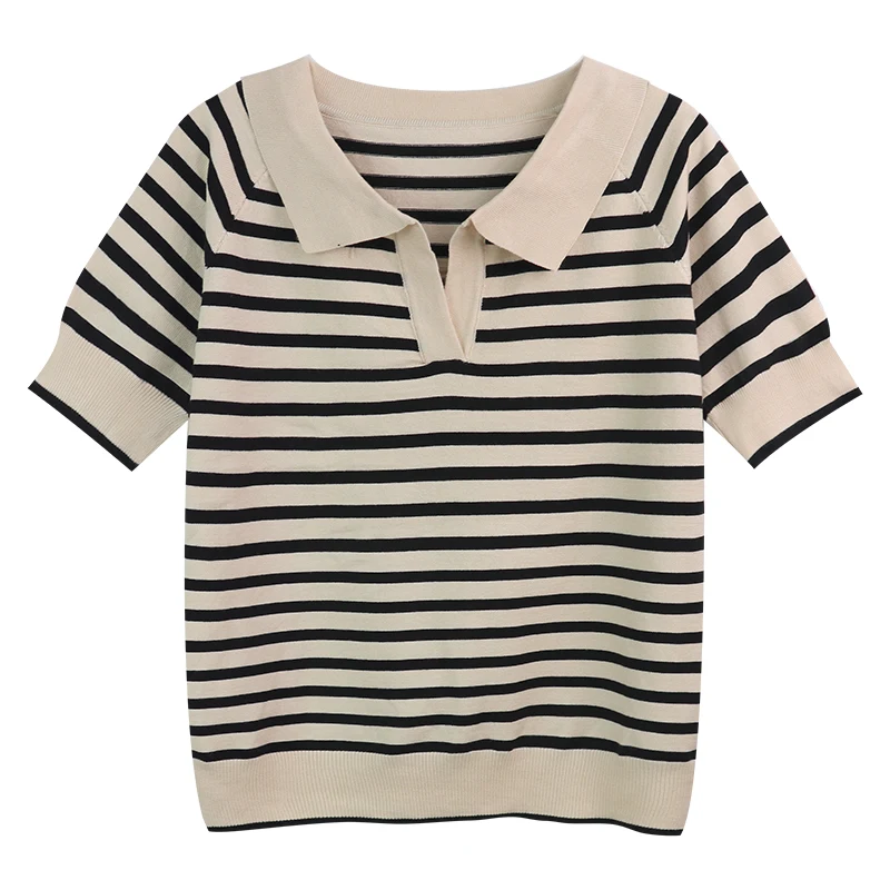 Dunne gestreepte zomer-T-shirt met korte mouwen, gebreid, ademend en lichtgewicht, perfect voor warme dagen en een casual look. — foto 1