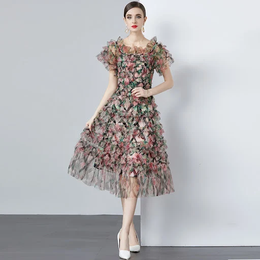 Title 6, Mesh Blooming Printing Fungus Dress