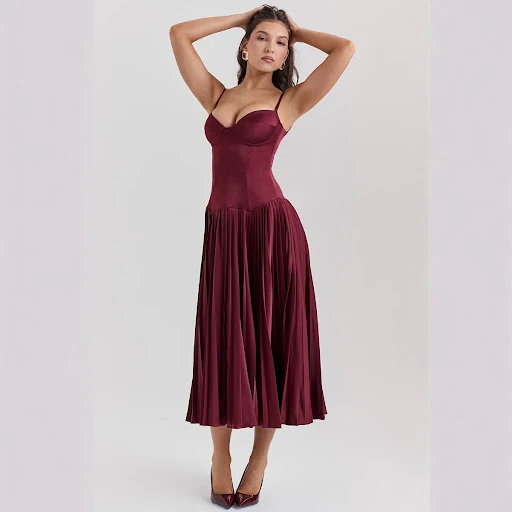 Title 3, Spaghetti Straps Sleeveless Slim-fit Pleated Dress