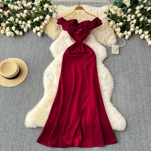 Title 2, Ruffled Patchwork Waist-slimming High Slit Long...