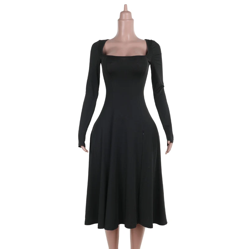 Fashionable slim fit dress with square collar, split, and long sleeves. This elegant dress is perfect for a stylish look — photo 2