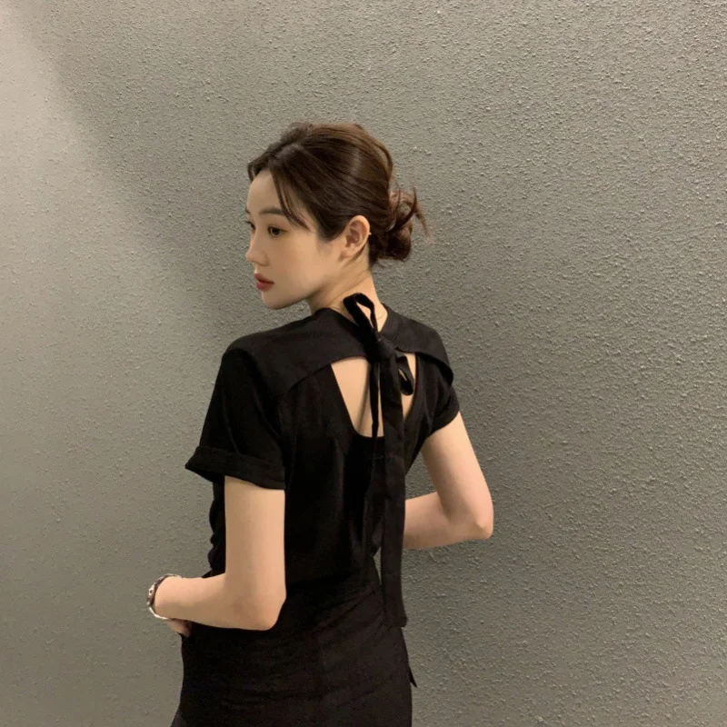 Moda Scheming Bow Tie Hollow Out Backless Mulheres de mangas curtas — foto 4