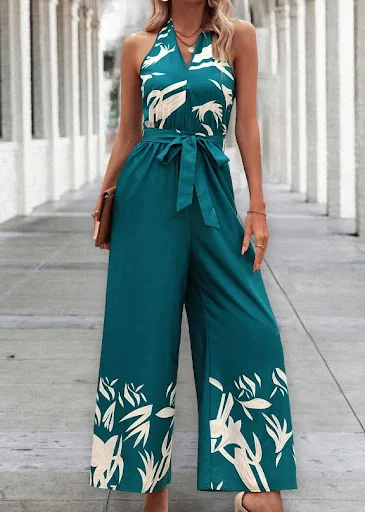 Title 4, Printed Series Belt Halter Backless Wide Leg Ju...