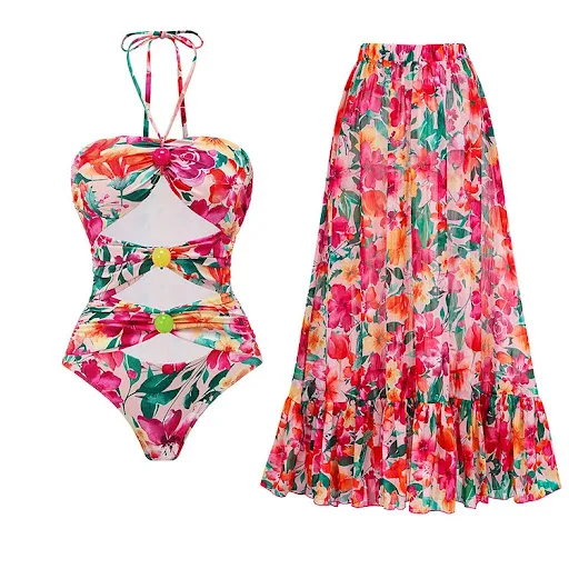 Title 10, Flounced Backless Floral Beach Vacation Swimsui...