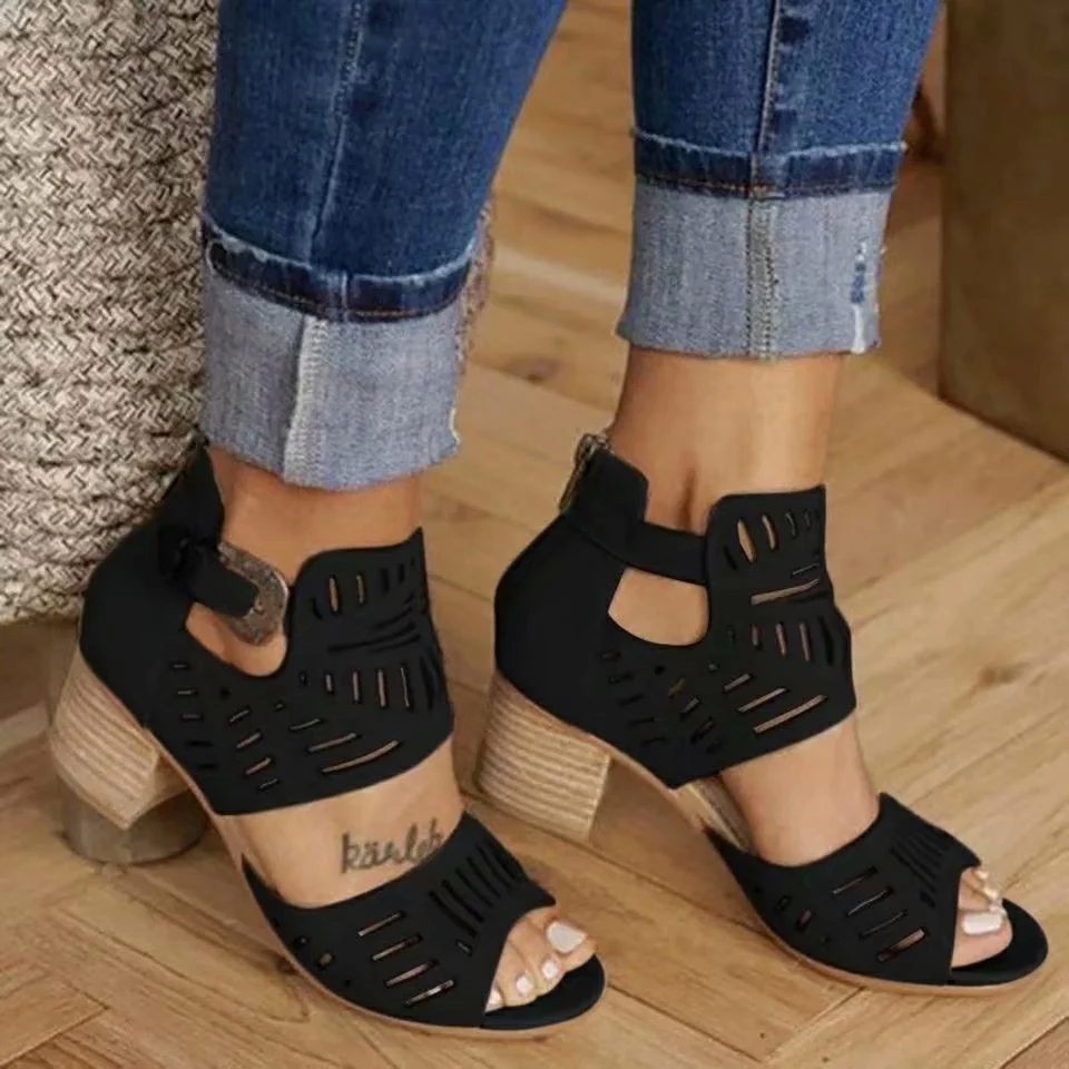 Block Heel Cutout Back Zipper Buckle Sandals. Stylish and comfortable, perfect for any occasion. Elevate your look with — photo 8