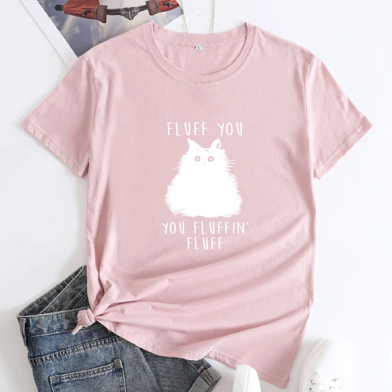 Groot formaat kattenletter bedrukt katoenen T-shirt met ronde hals en korte mouwen voor dames — foto 21