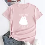 Groot formaat kattenletter bedrukt katoenen T-shirt met ronde hals en korte mouwen voor dames — foto 21