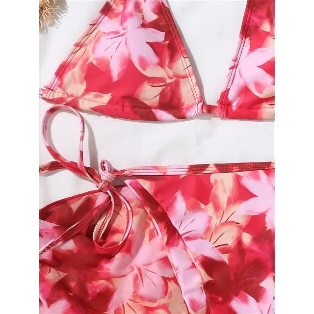 European and American printed bikini. Sexy three-piece lace bikini with scarf and split design. Hot girl swimsuit for su — photo 2