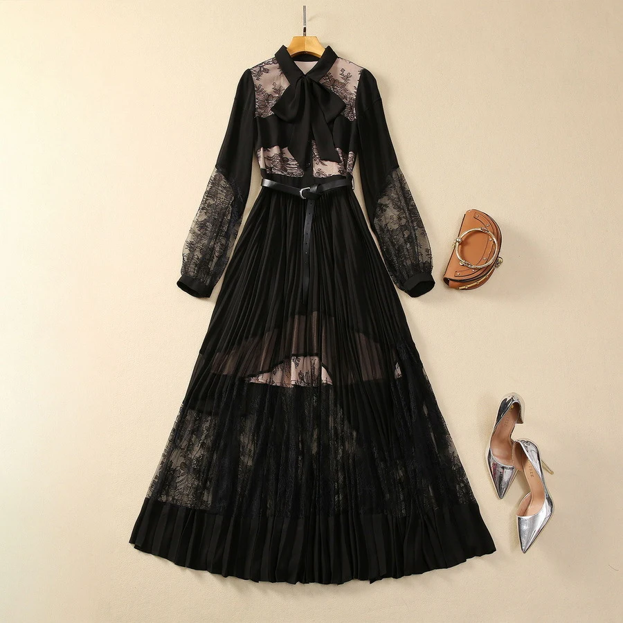 Lapel Long Sleeve Chiffon Stitching Black Slimming Dress — photo 7