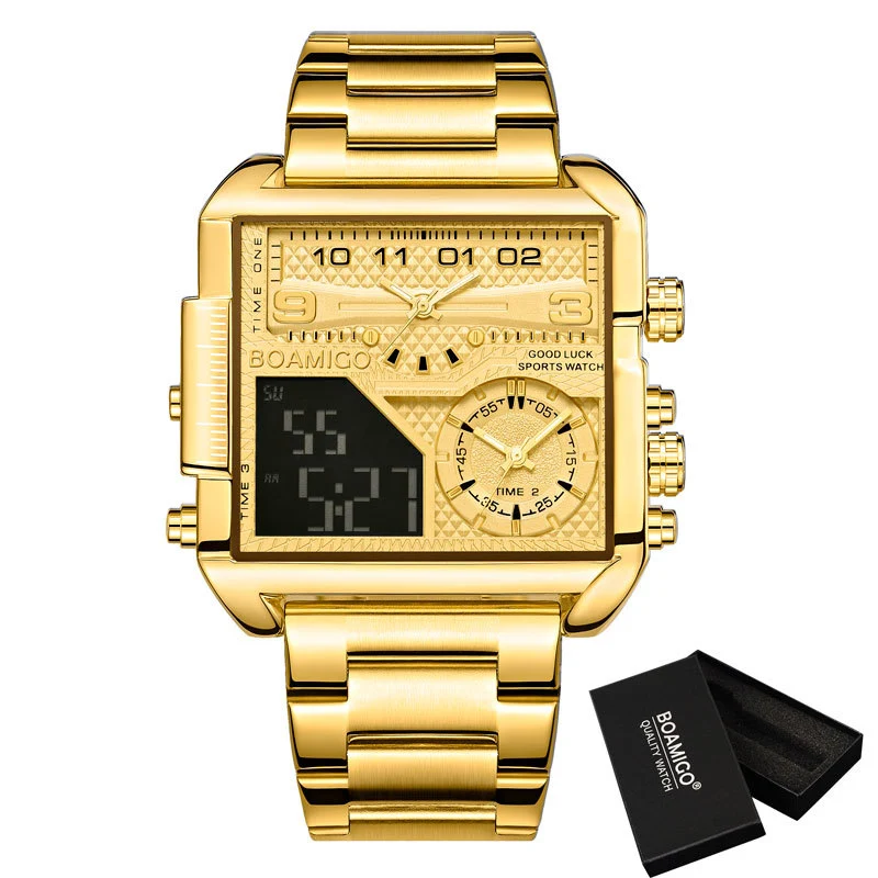 Relógio BOAMIGO masculino luxuoso de marca Top, dourado, aço inoxidável, esportivo, quadrado, digital analógico, quartz grande, para homem — foto 6