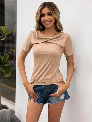 Title 14, Solid Color Cutout Short Sleeve Slim Fit Pullov...