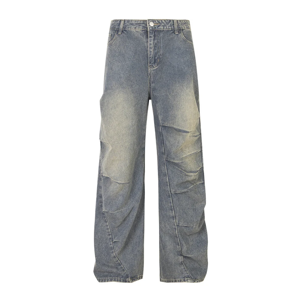 Calças Jeans Desgastadas e Plissadas Irregulares para Homens e Mulheres. Combine conforto e estilo moderno para um visual autêntico e despojado. — foto 9