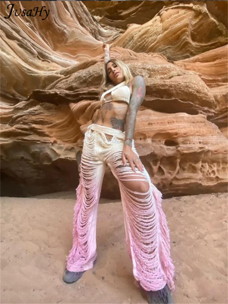 Pantalon casual droit pour femme avec découpes, franges effilochées, coupe slim et ajustée, un incontournable pour un look décontracté et tendance. — photo 4