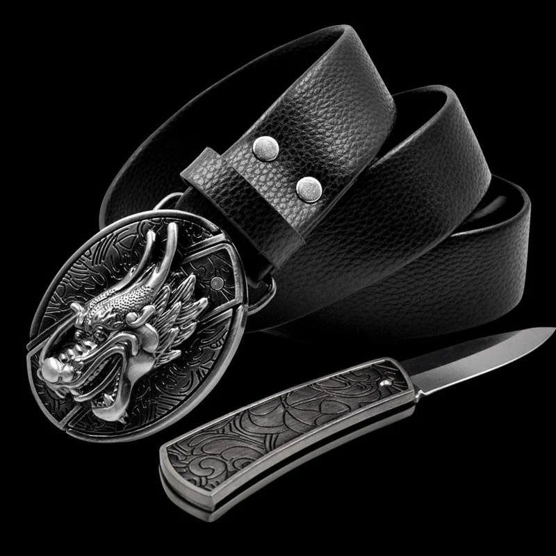 Title 12, Cinto de couro masculino com fivela lisa e faca...