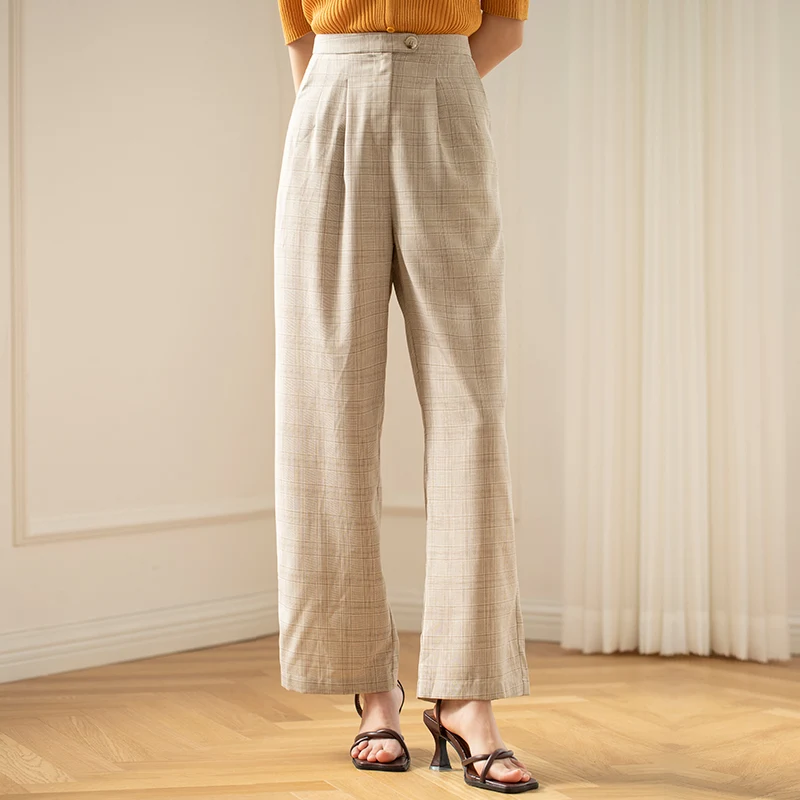 Calças Plaid de Perna Larga Femininas Cintura Alta Primavera Conforto e Estilo para um Visual Moderno e Sofisticado. — foto 1