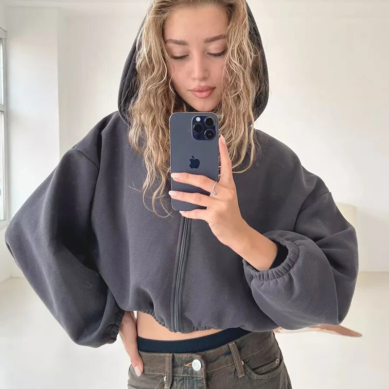 Women's Casual Solid Color Hooded Short Jacket Y2K Fashion Sports Sweatshirt Long Sleeve Zip Up Cardigan Hoodies Clothin — photo 7