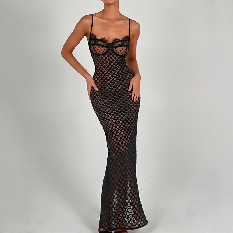 Title 12, Vestido elegante de bolinhas com costas de rend...